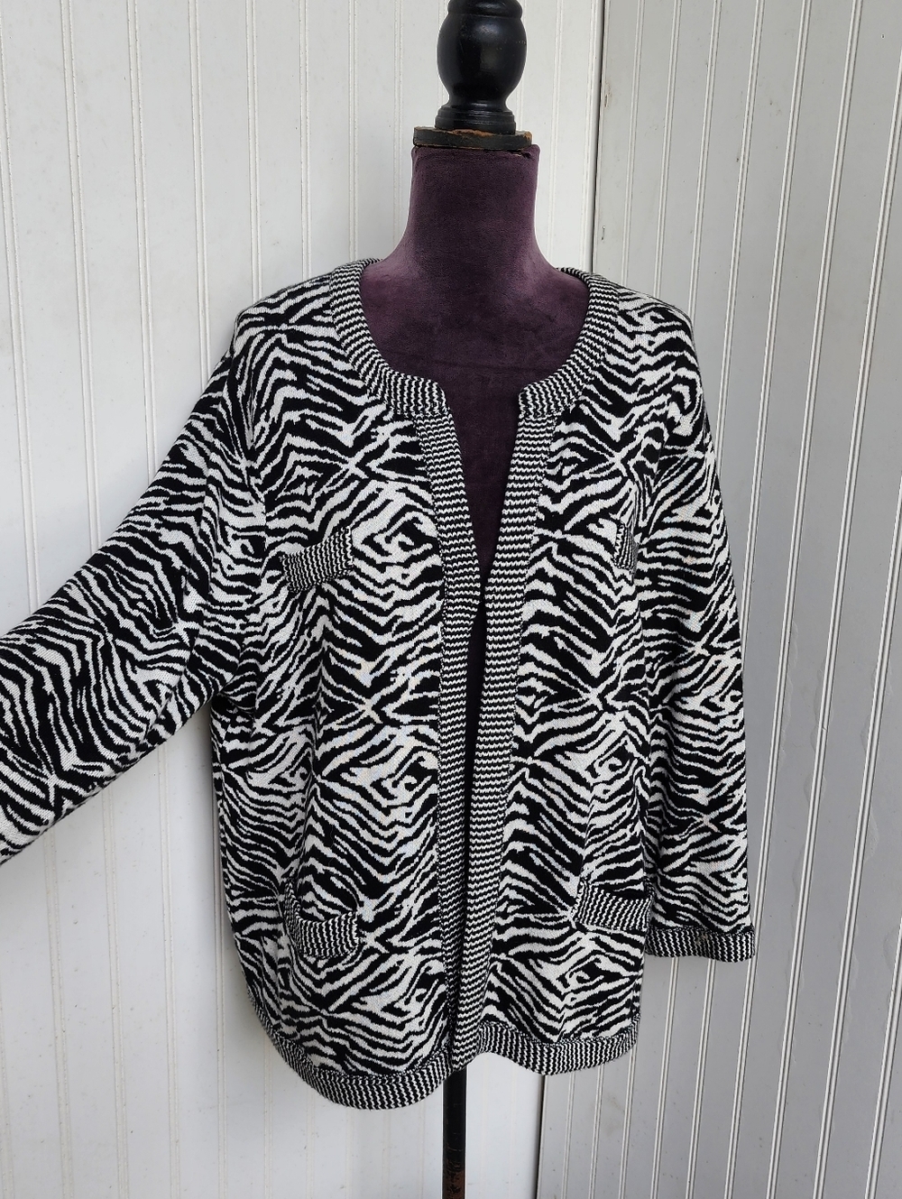 Chico's Size 3 Cardigan Sweater Jacket Zebra Animal Print Cotton Rayon Nylon XL